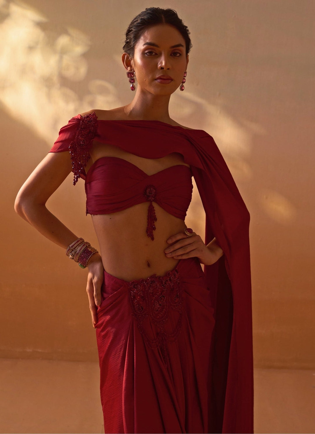 Nitika Gujral Maroon Red Crushed Satin Pre Draped SareeFabilicious Fashion