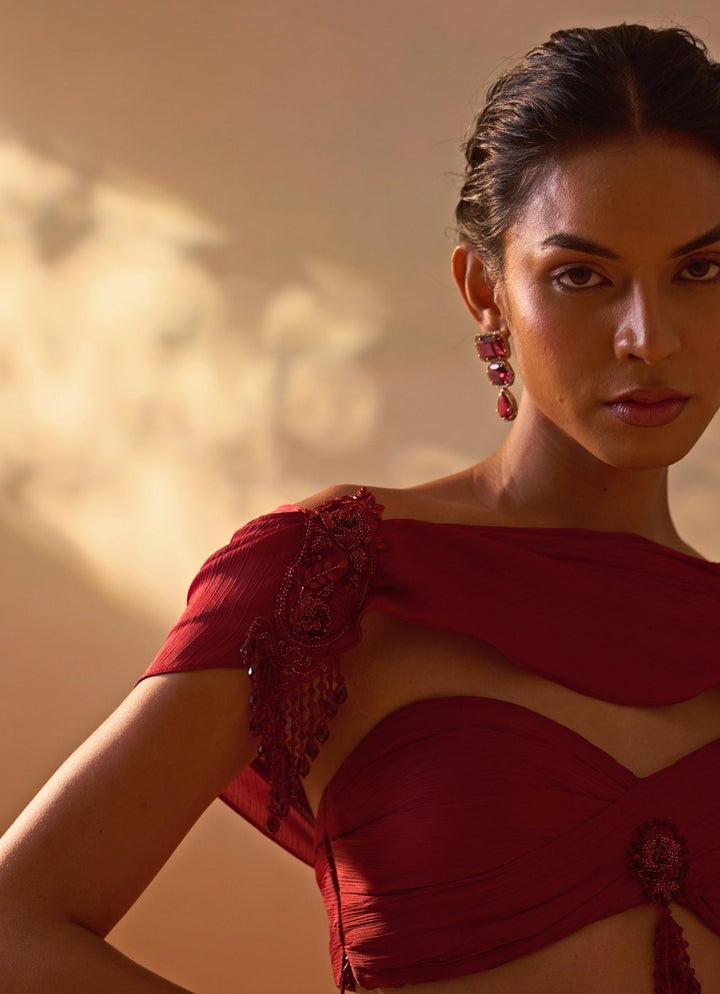 Nitika Gujral Maroon Red Crushed Satin Pre Draped SareeFabilicious Fashion