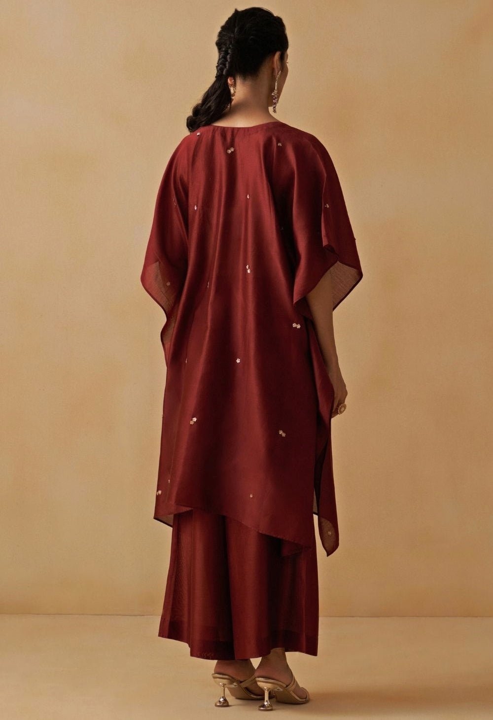 Maroon Red Embroidered Chanderi Kaftan Set Prevasu - Fabilicious Fashion