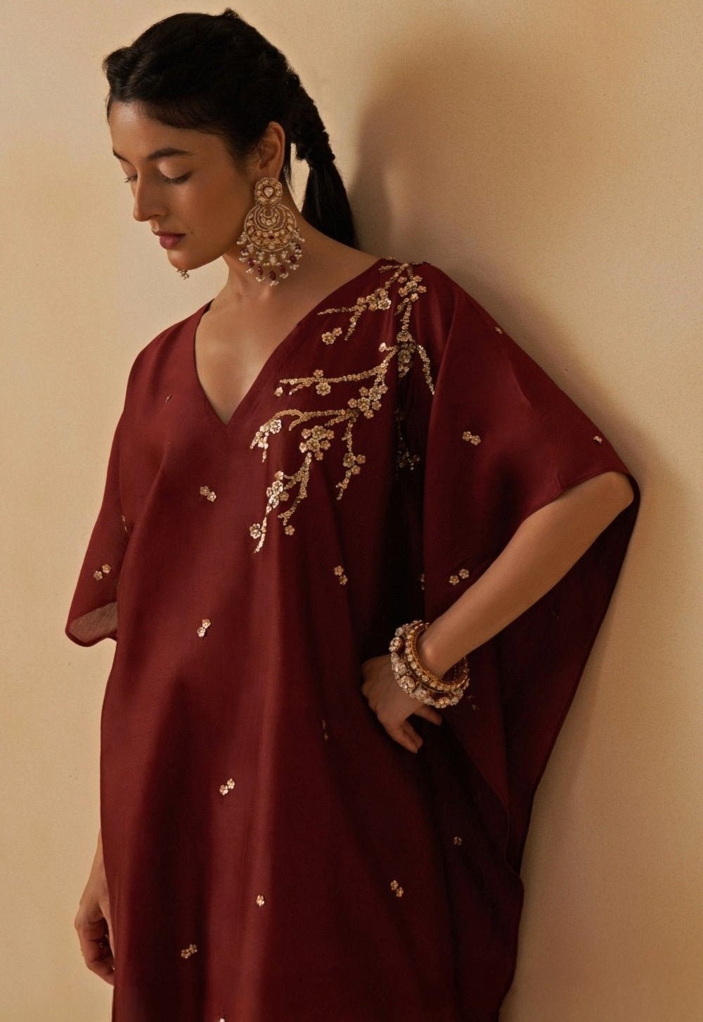 Maroon Red Embroidered Chanderi Kaftan Set Prevasu - Fabilicious Fashion