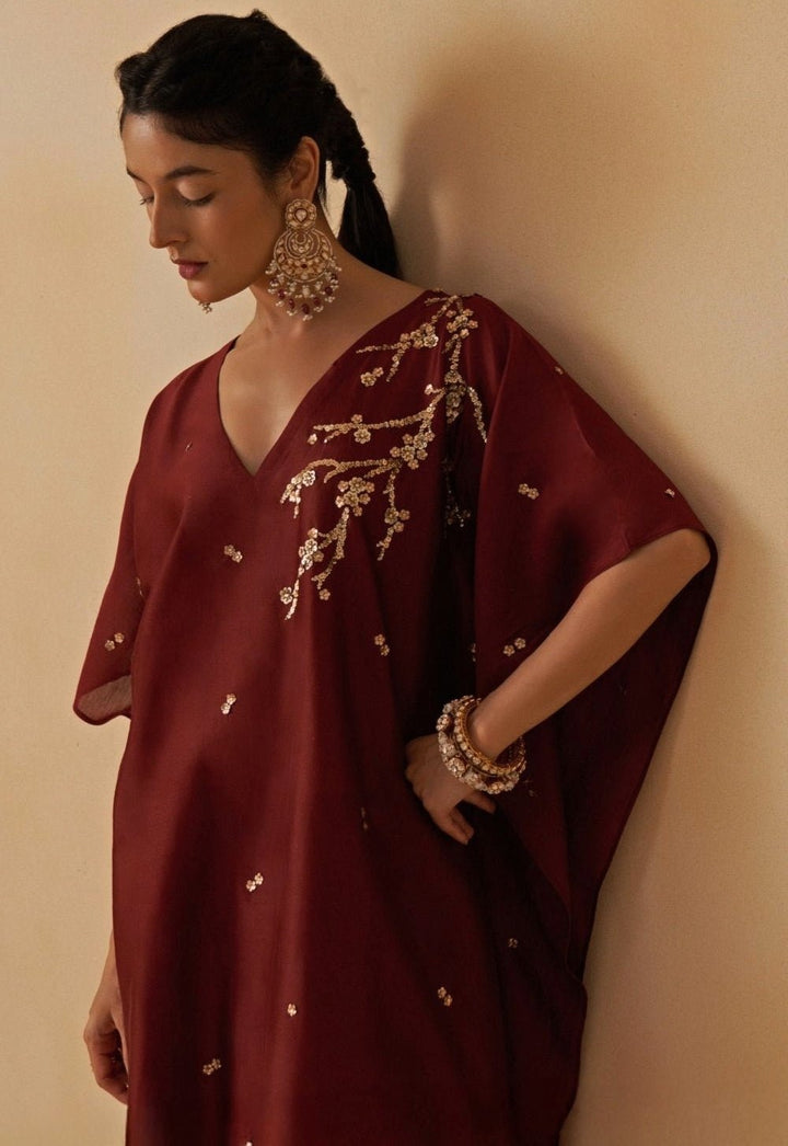 Maroon Red Embroidered Chanderi Kaftan Set Prevasu - Fabilicious Fashion