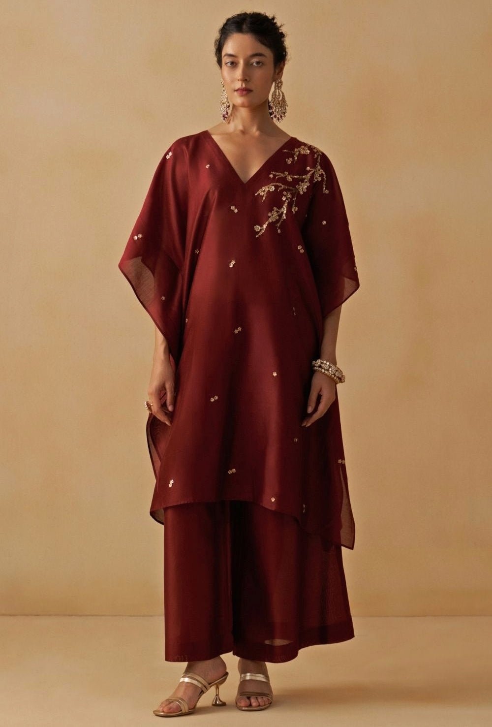 Maroon Red Embroidered Chanderi Kaftan Set Prevasu - Fabilicious Fashion