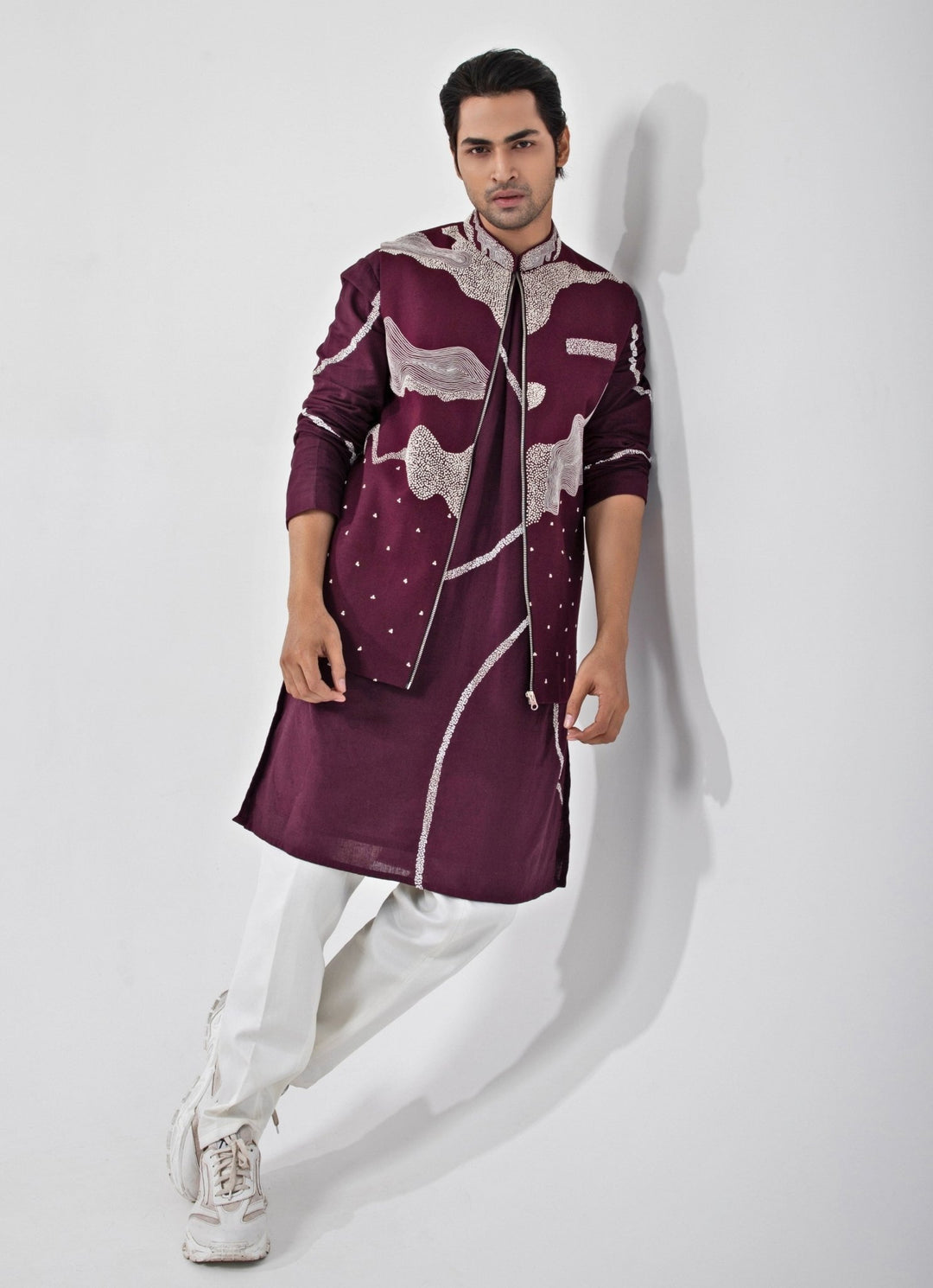 Maroon Red Embroidered Cotton Nehru Jacket Smriti - Fabilicious Fashion
