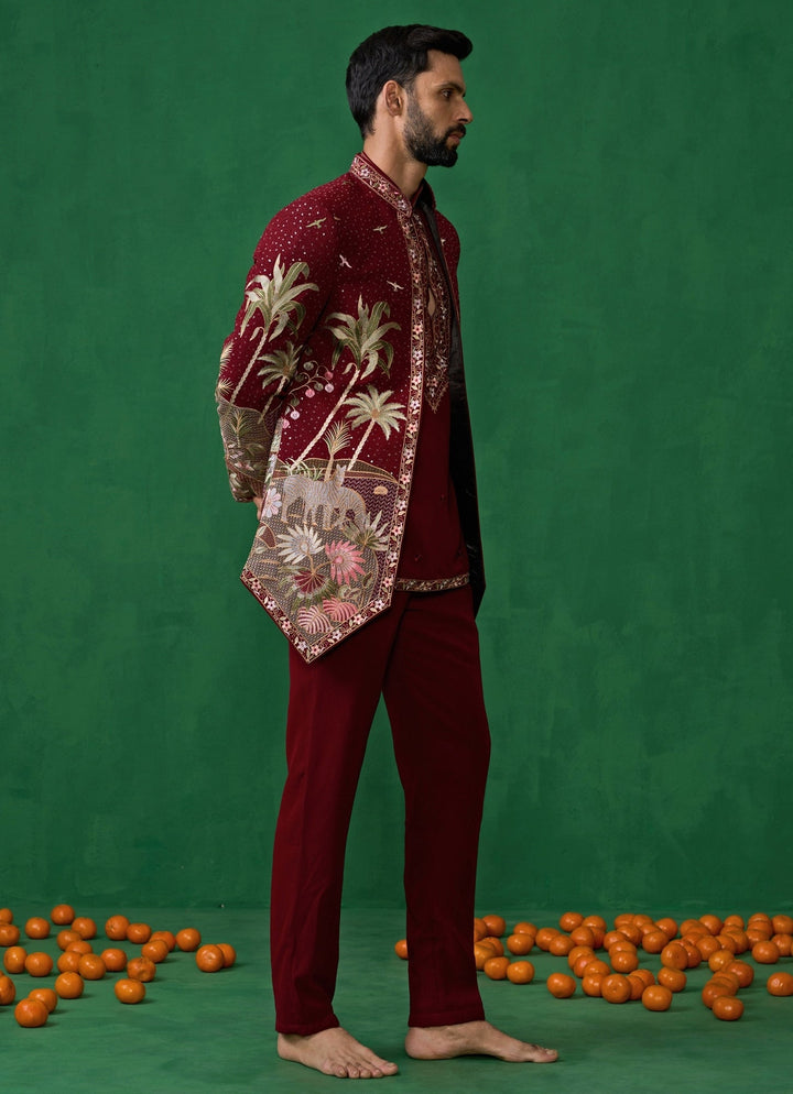Maroon Red Embroidered Georgette Jodhpuri Set Kalpraag - Fabilicious Fashion