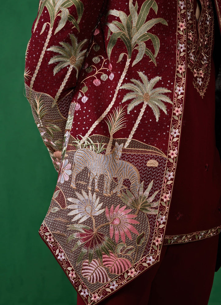 Maroon Red Embroidered Georgette Jodhpuri Set Kalpraag - Fabilicious Fashion