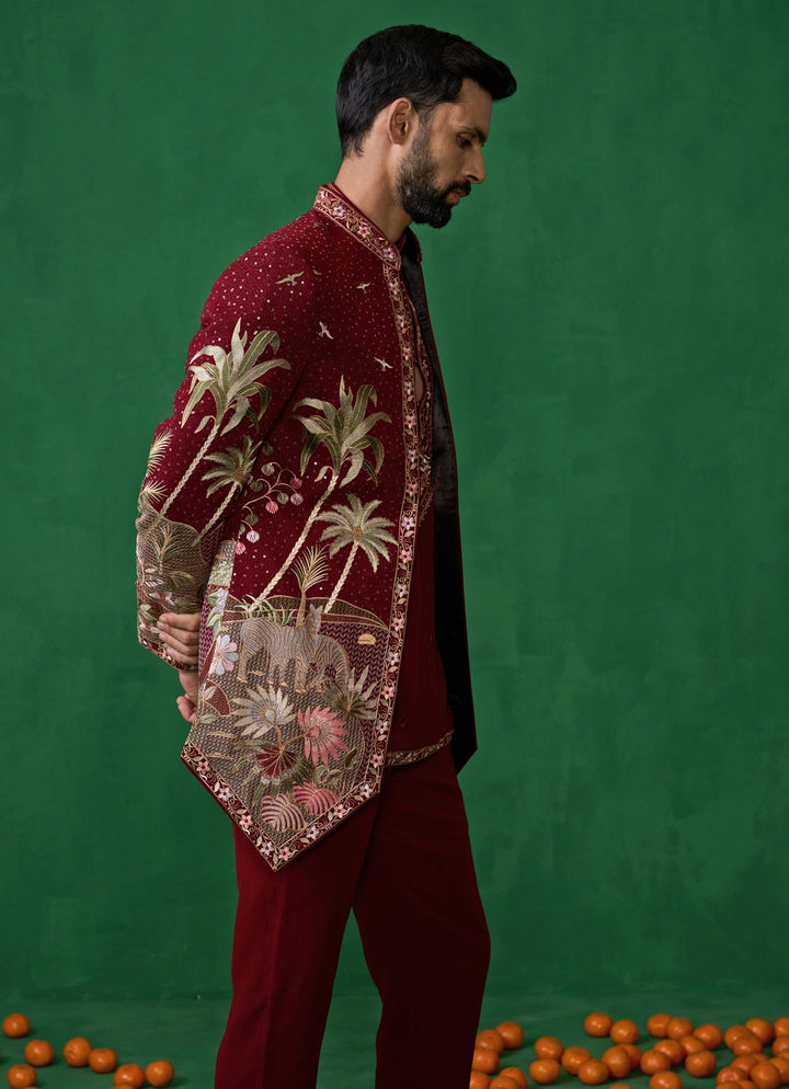 Maroon Red Embroidered Georgette Jodhpuri Set Kalpraag - Fabilicious Fashion