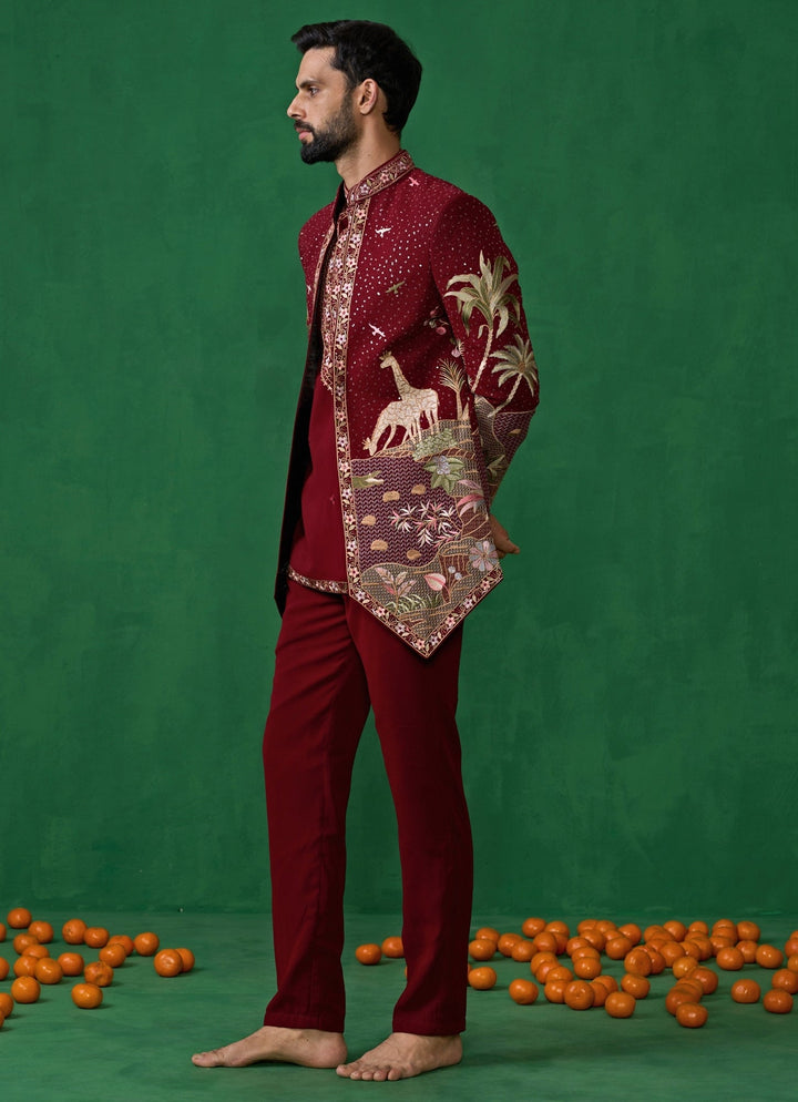 Maroon Red Embroidered Georgette Jodhpuri Set Kalpraag - Fabilicious Fashion