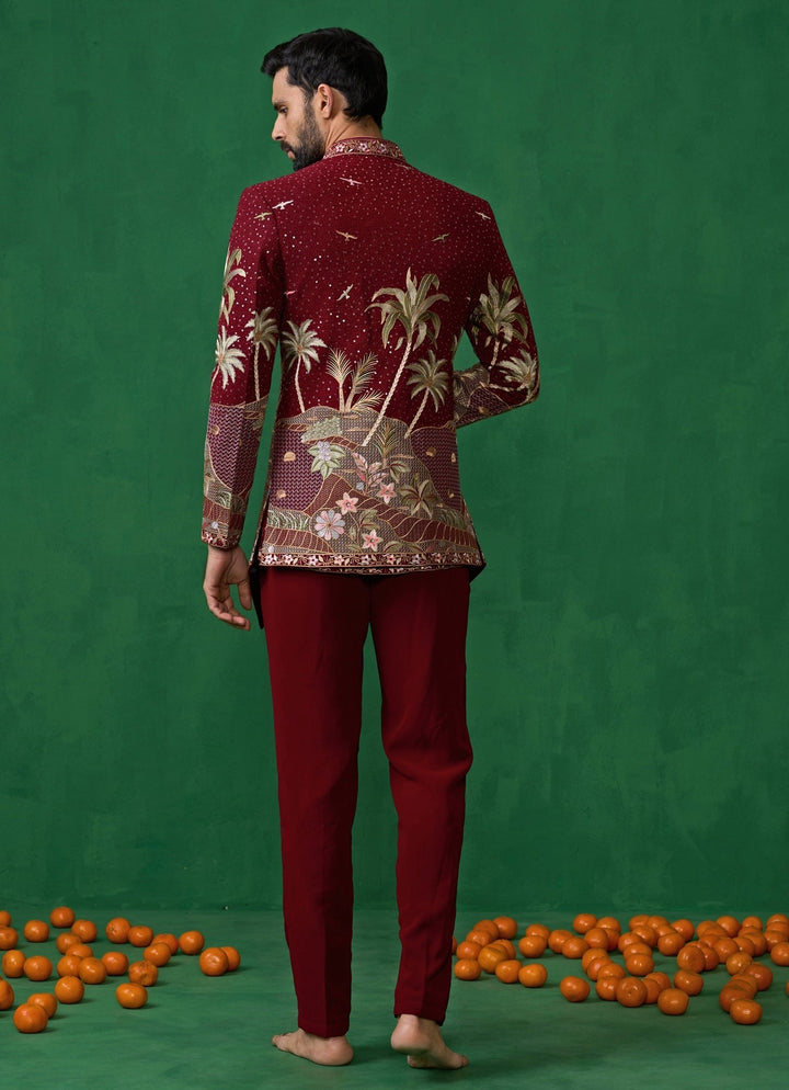 Maroon Red Embroidered Georgette Jodhpuri Set Kalpraag - Fabilicious Fashion