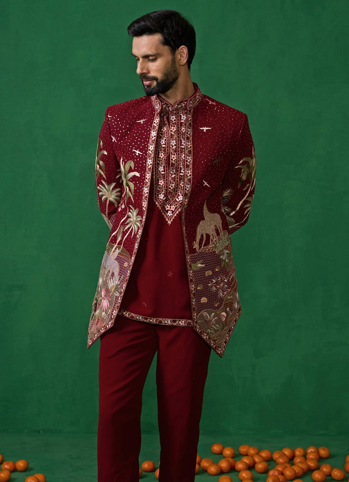 Maroon Red Embroidered Georgette Jodhpuri Set Kalpraag - Fabilicious Fashion