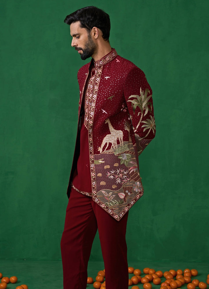 Maroon Red Embroidered Georgette Jodhpuri Set Kalpraag - Fabilicious Fashion