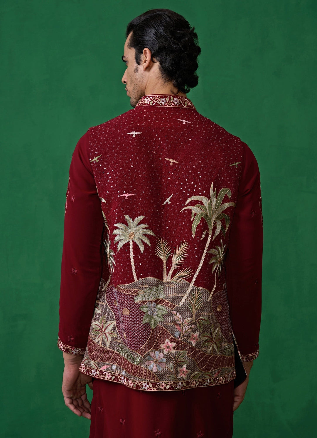 Maroon Red Embroidered Georgette Kurta Jacket Set Kalpraag - Fabilicious Fashion