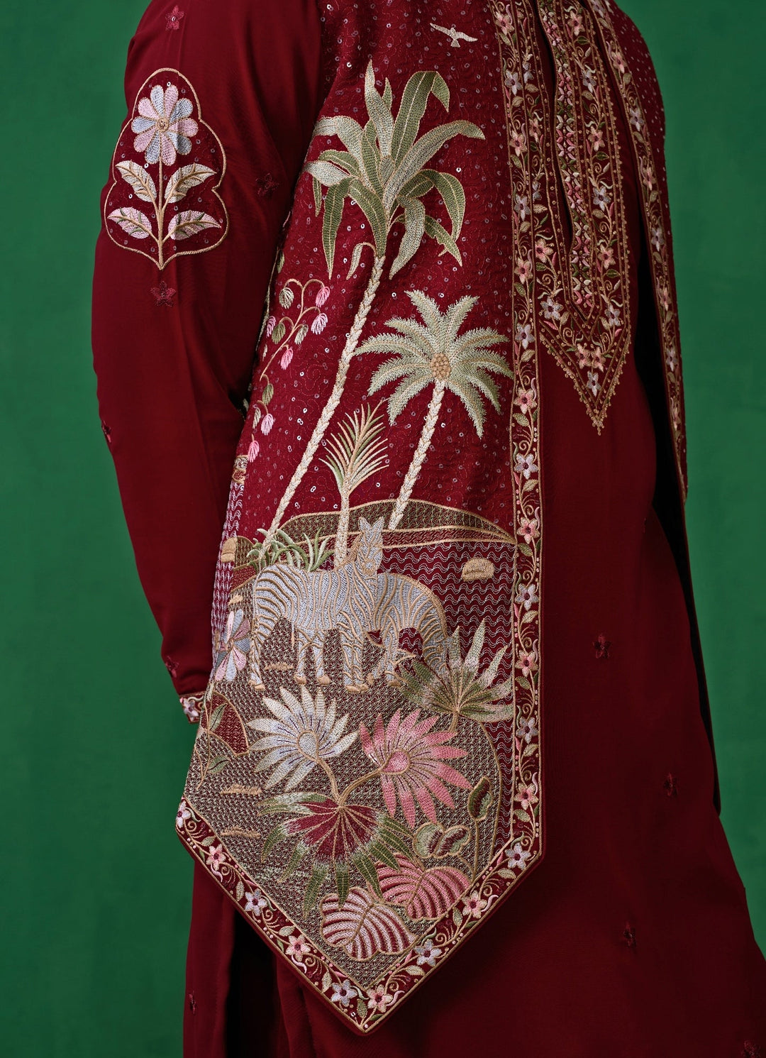 Maroon Red Embroidered Georgette Kurta Jacket Set Kalpraag - Fabilicious Fashion