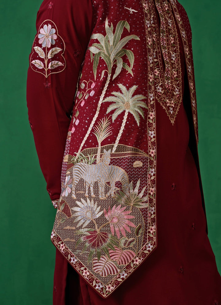 Maroon Red Embroidered Georgette Kurta Jacket Set Kalpraag - Fabilicious Fashion