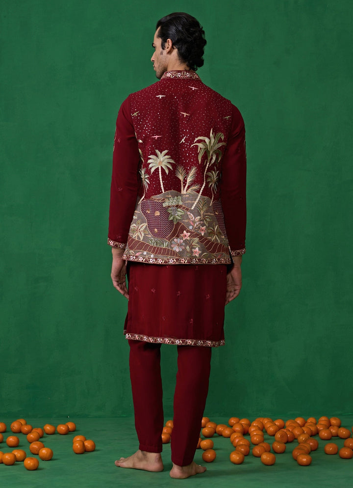Maroon Red Embroidered Georgette Kurta Jacket Set Kalpraag - Fabilicious Fashion
