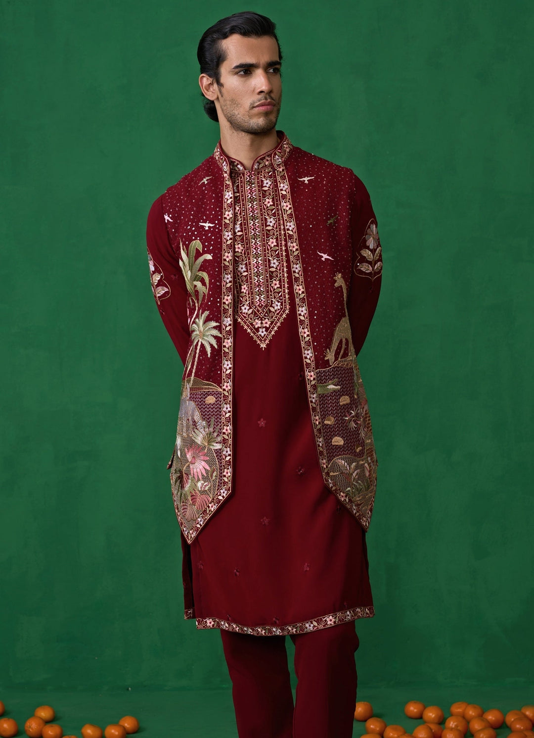 Maroon Red Embroidered Georgette Kurta Jacket Set Kalpraag - Fabilicious Fashion