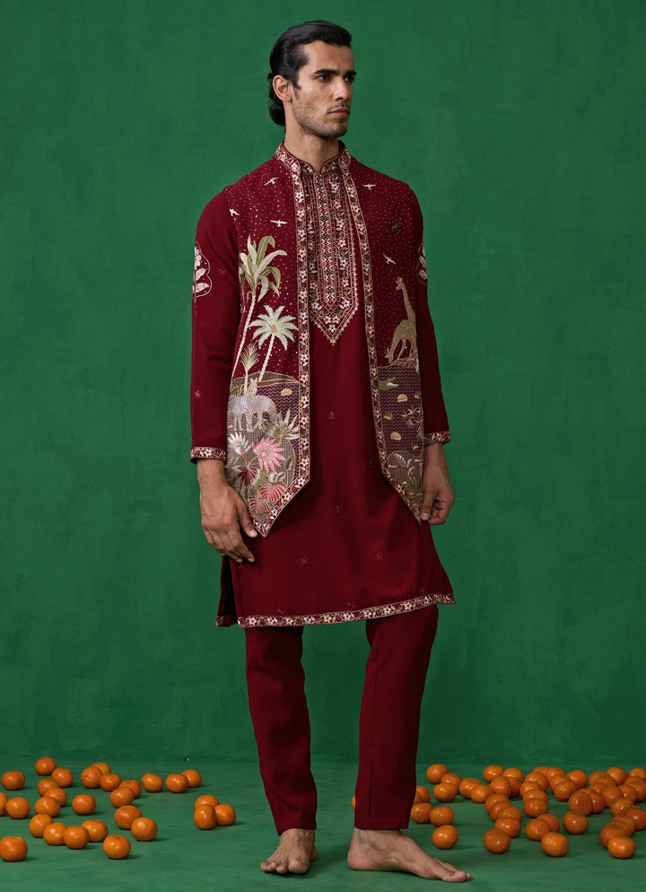 Maroon Red Embroidered Georgette Kurta Jacket Set Kalpraag - Fabilicious Fashion