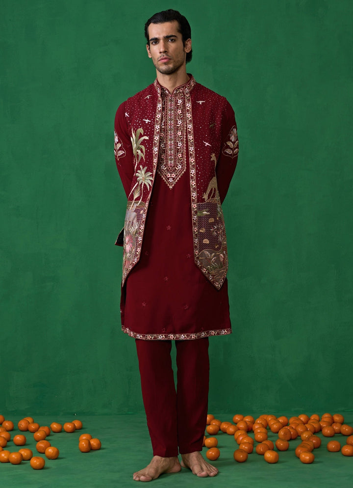 Maroon Red Embroidered Georgette Kurta Jacket Set Kalpraag - Fabilicious Fashion