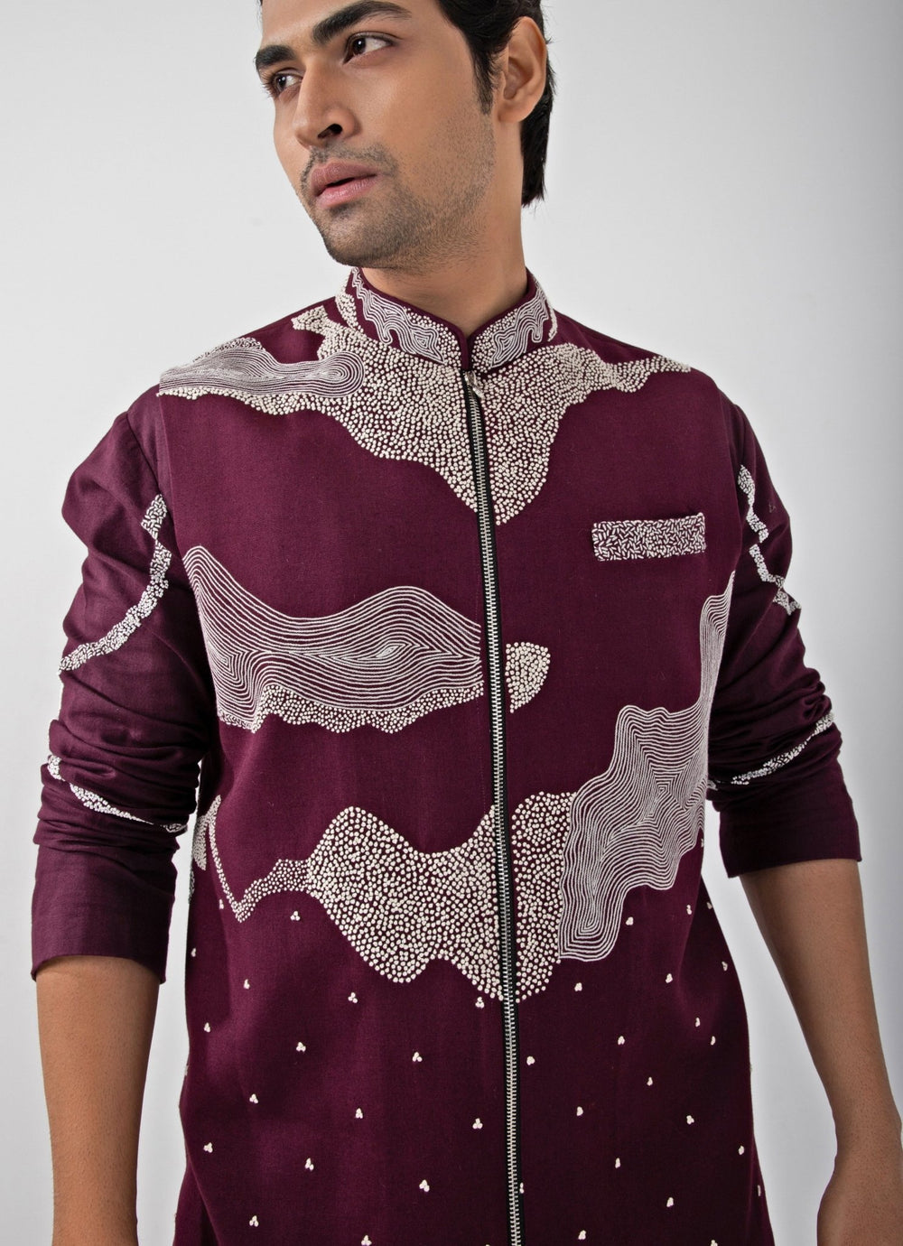Maroon Red Embroidered Nehru Jacket And Kurta Set Smriti - Fabilicious Fashion