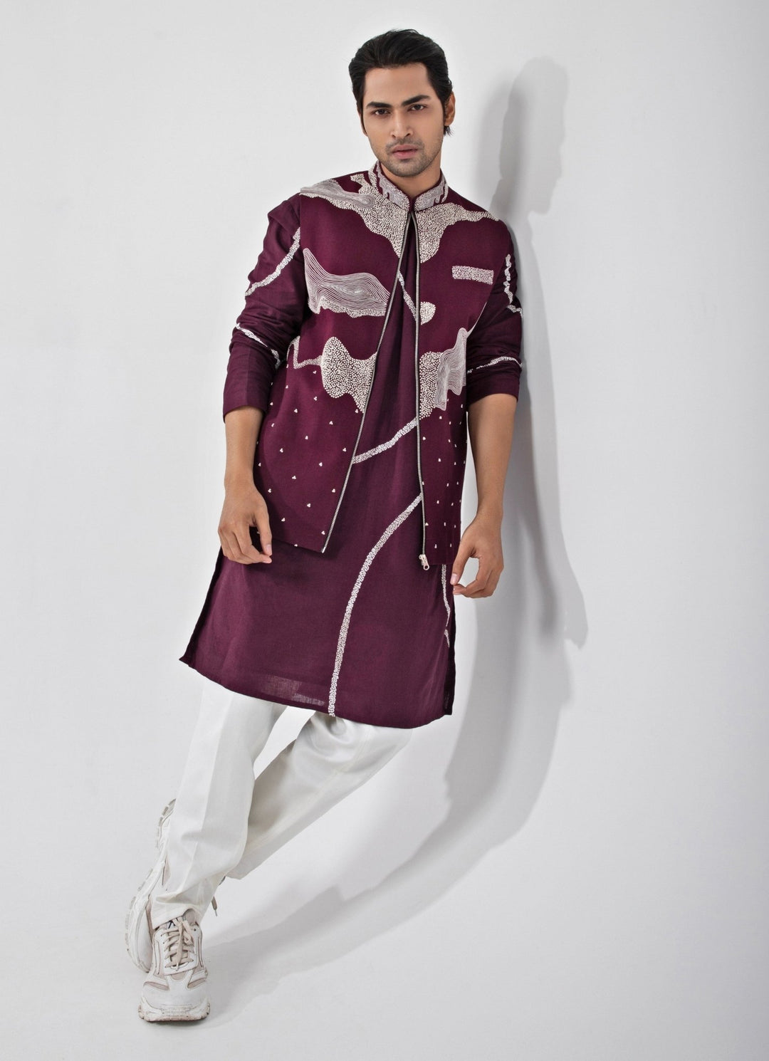 Maroon Red Embroidered Nehru Jacket And Kurta Set Smriti - Fabilicious Fashion
