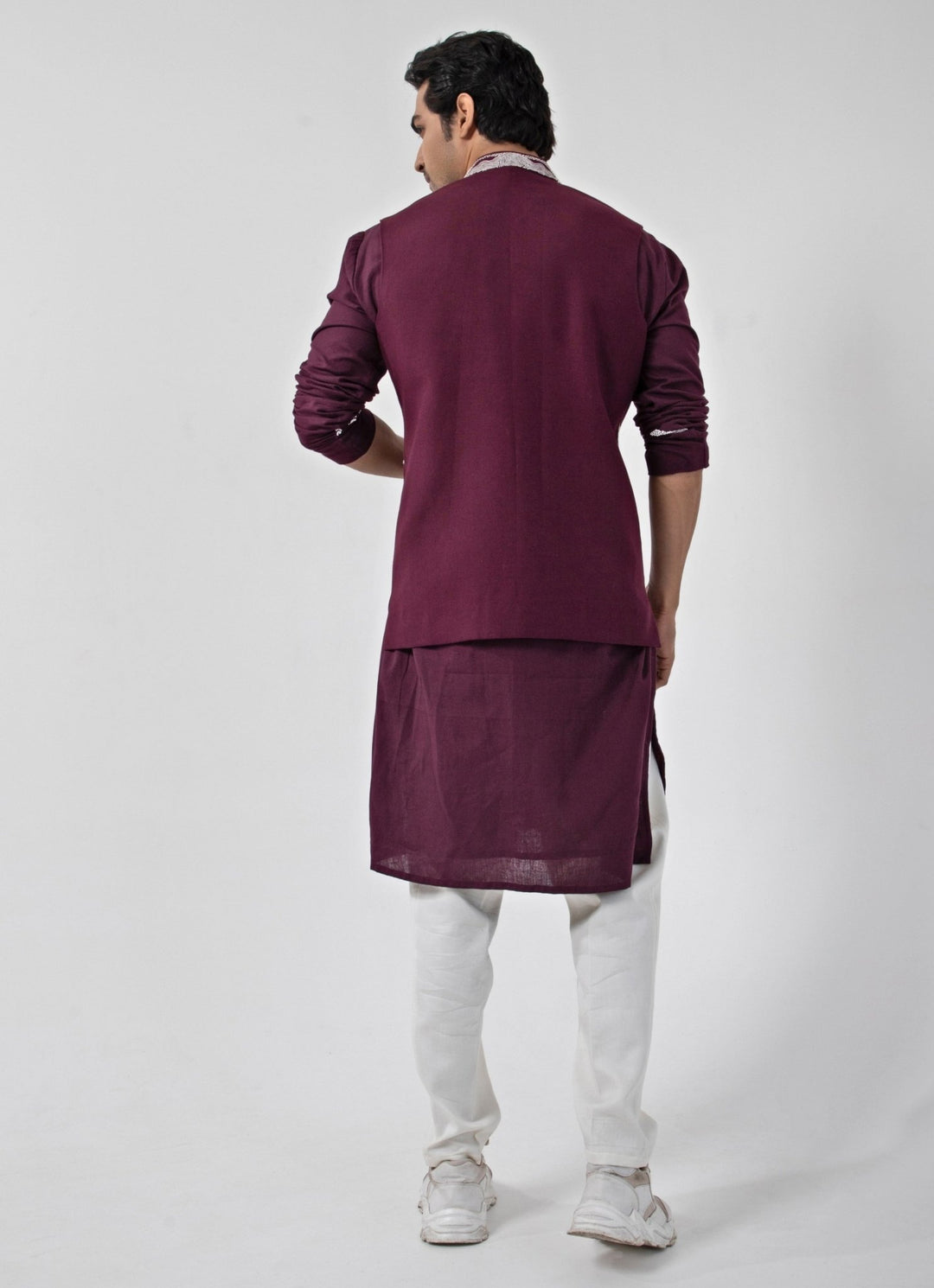 Maroon Red Embroidered Nehru Jacket And Kurta Set Smriti - Fabilicious Fashion