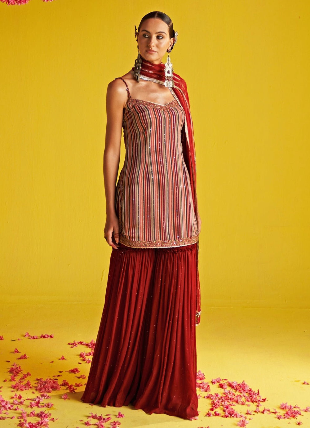 Maroon Red Embroidered Organza Kurta Sharara Set Studio Bagechaa - Fabilicious Fashion