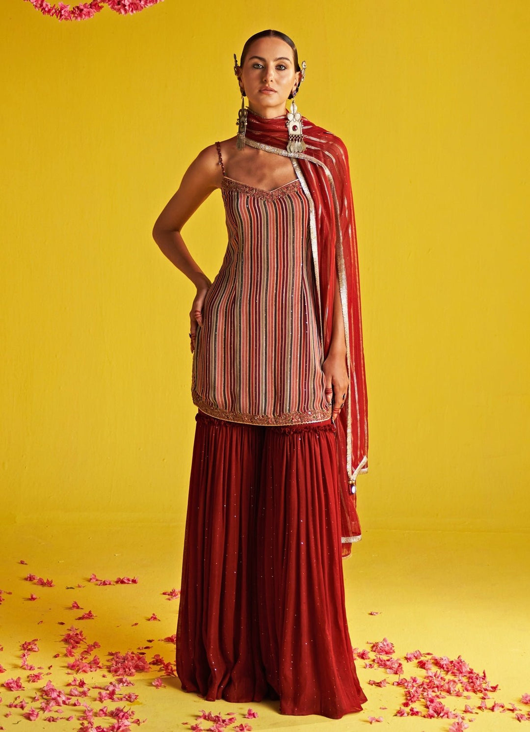 Maroon Red Embroidered Organza Kurta Sharara Set Studio Bagechaa - Fabilicious Fashion