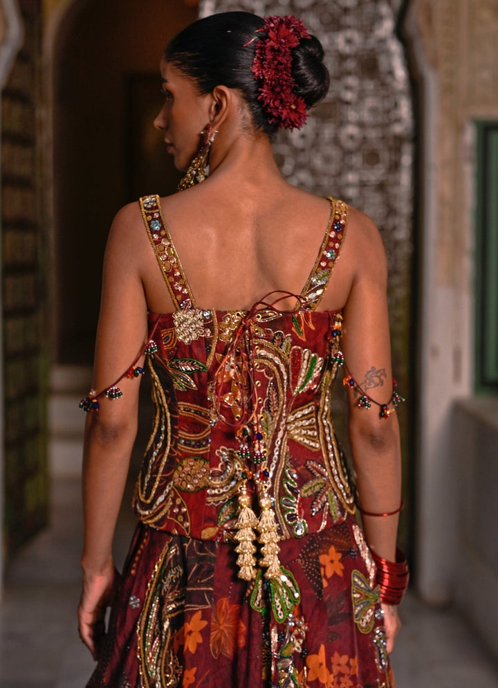 Juhi Bengani Maroon Red Embroidered Organza Lehenga Set With CorsetFabilicious Fashion