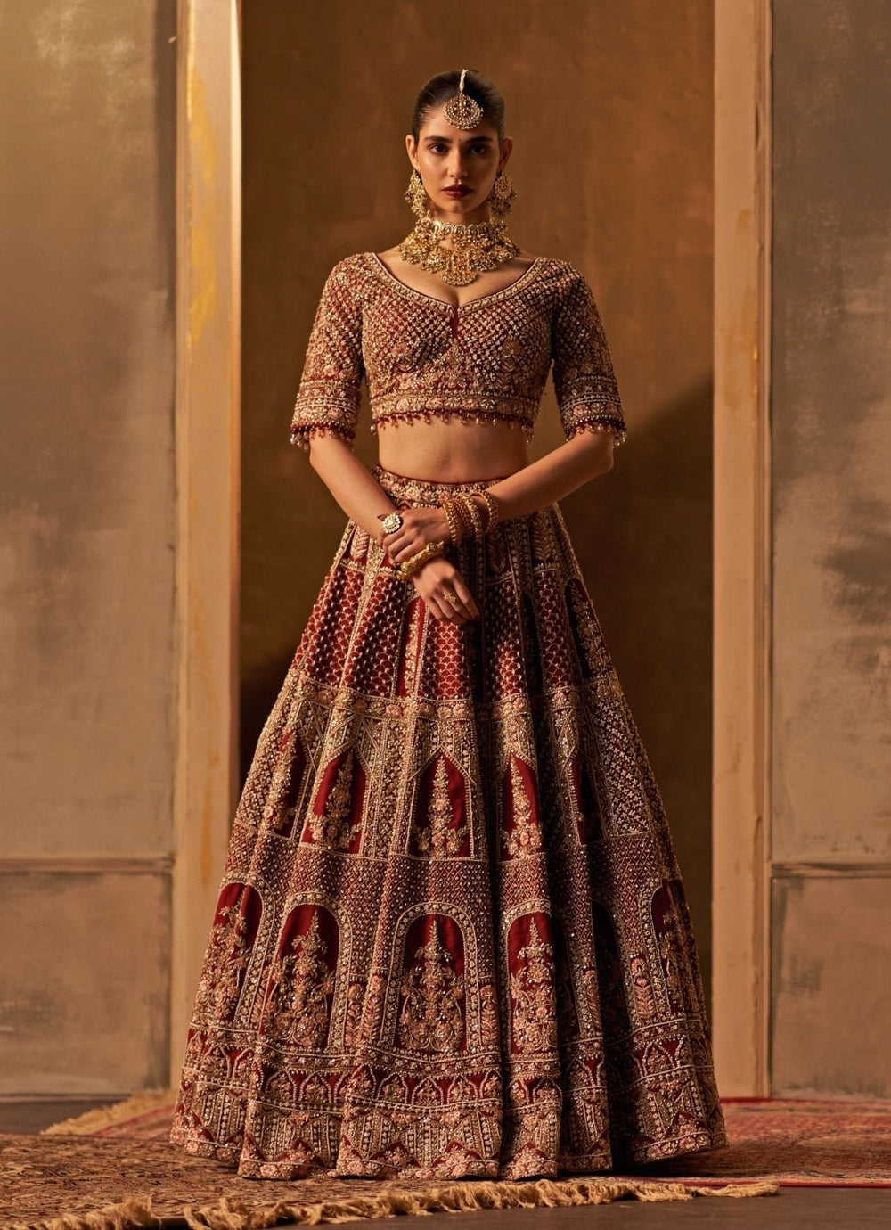 Maroon Red Embroidered Raw Silk Double Dupatta Lehenga Set Angad Singh - Fabilicious Fashion