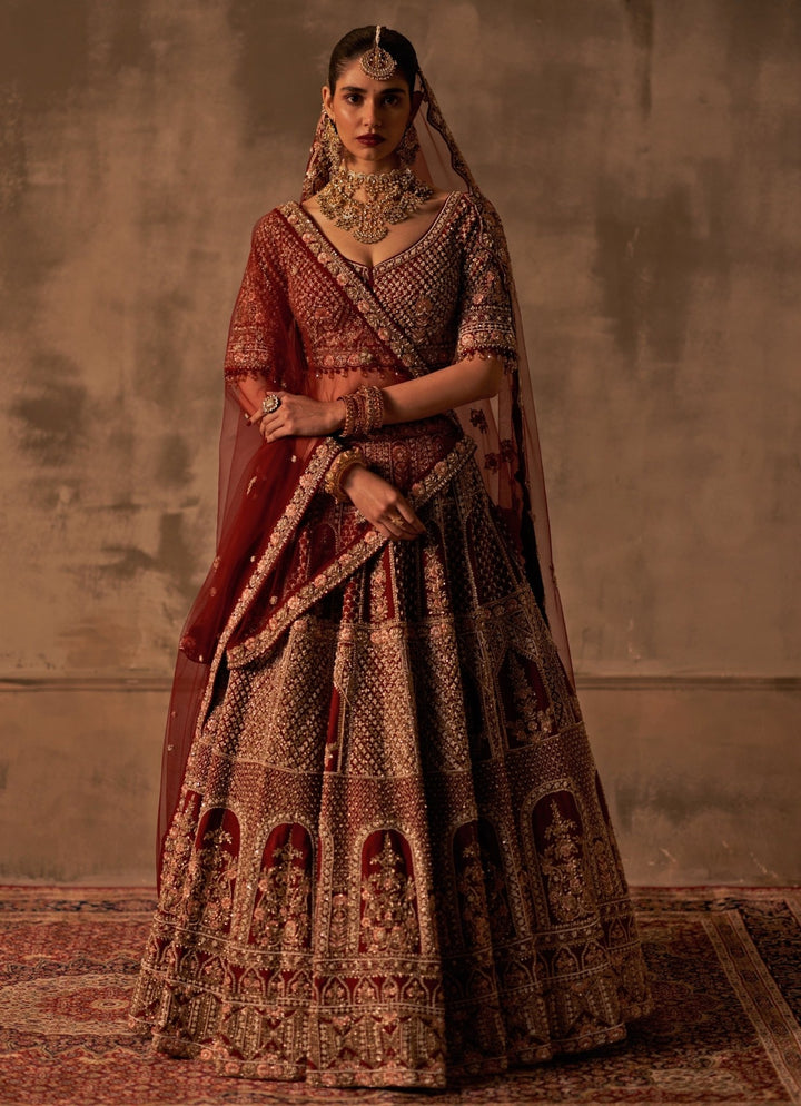 Angad Singh Maroon Red Embroidered Raw Silk Double Dupatta Lehenga SetFabilicious Fashion