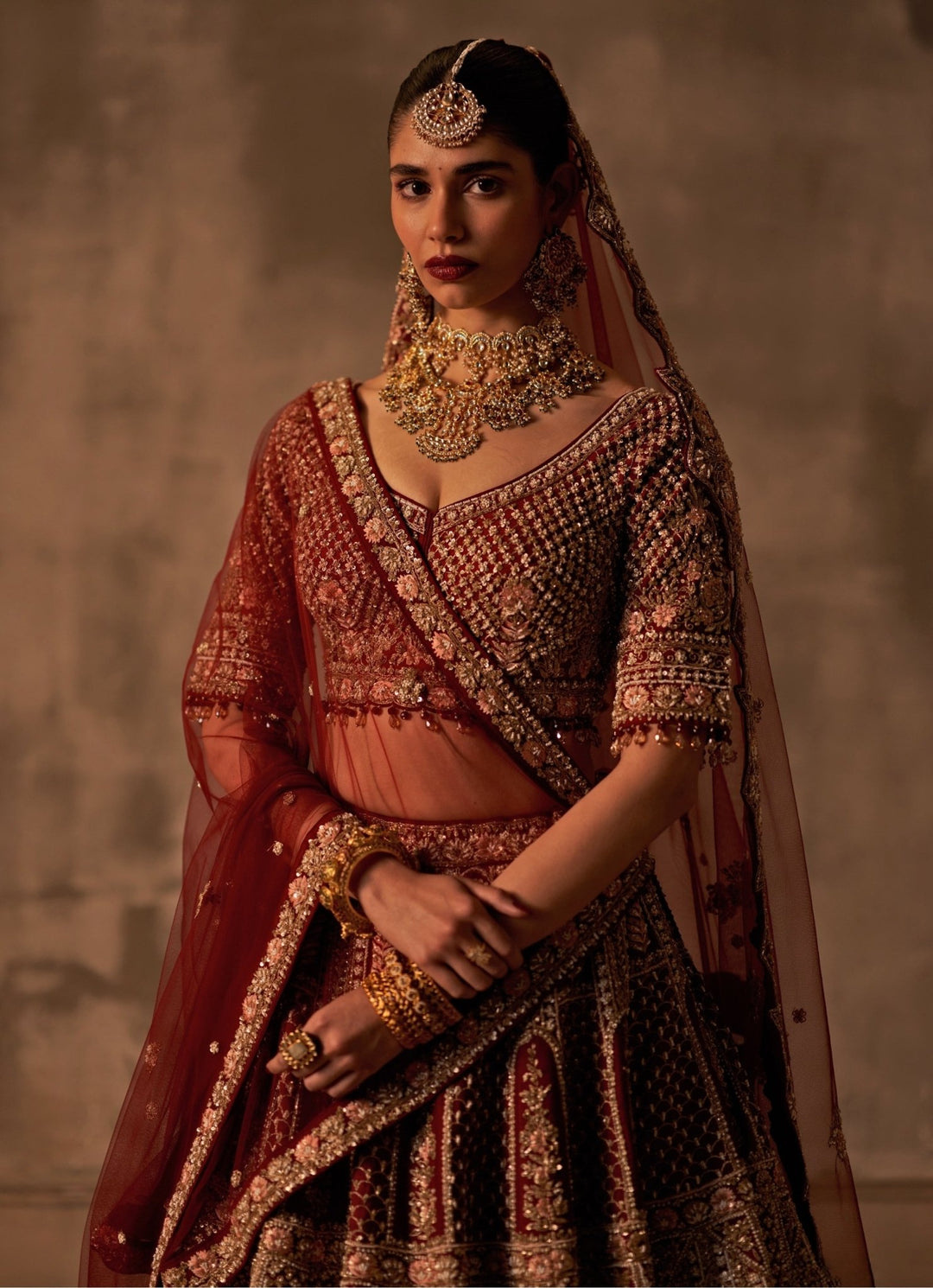 Angad Singh Maroon Red Embroidered Raw Silk Double Dupatta Lehenga SetFabilicious Fashion