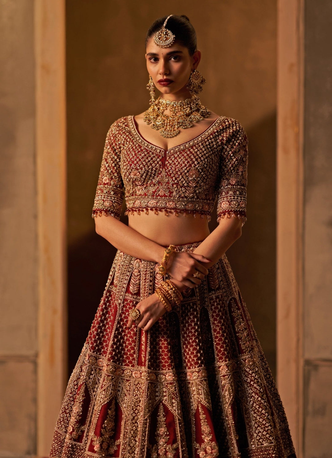 Angad Singh Maroon Red Embroidered Raw Silk Double Dupatta Lehenga SetFabilicious Fashion