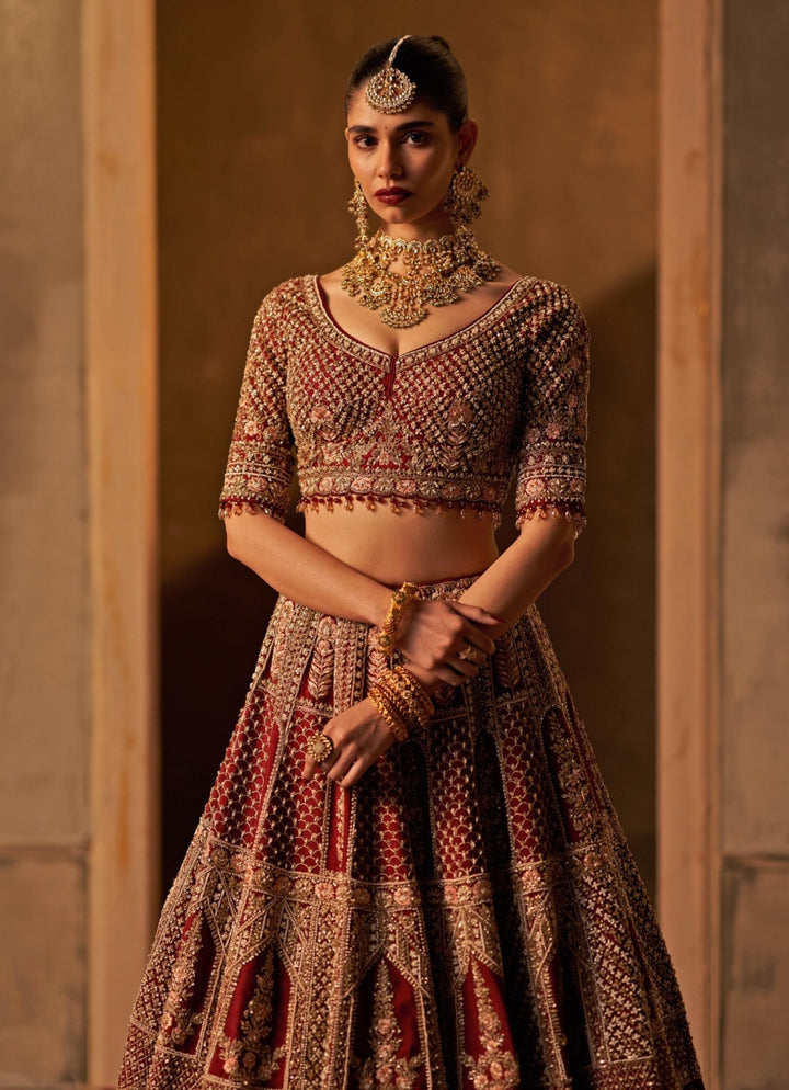 Angad Singh Maroon Red Embroidered Raw Silk Double Dupatta Lehenga SetFabilicious Fashion