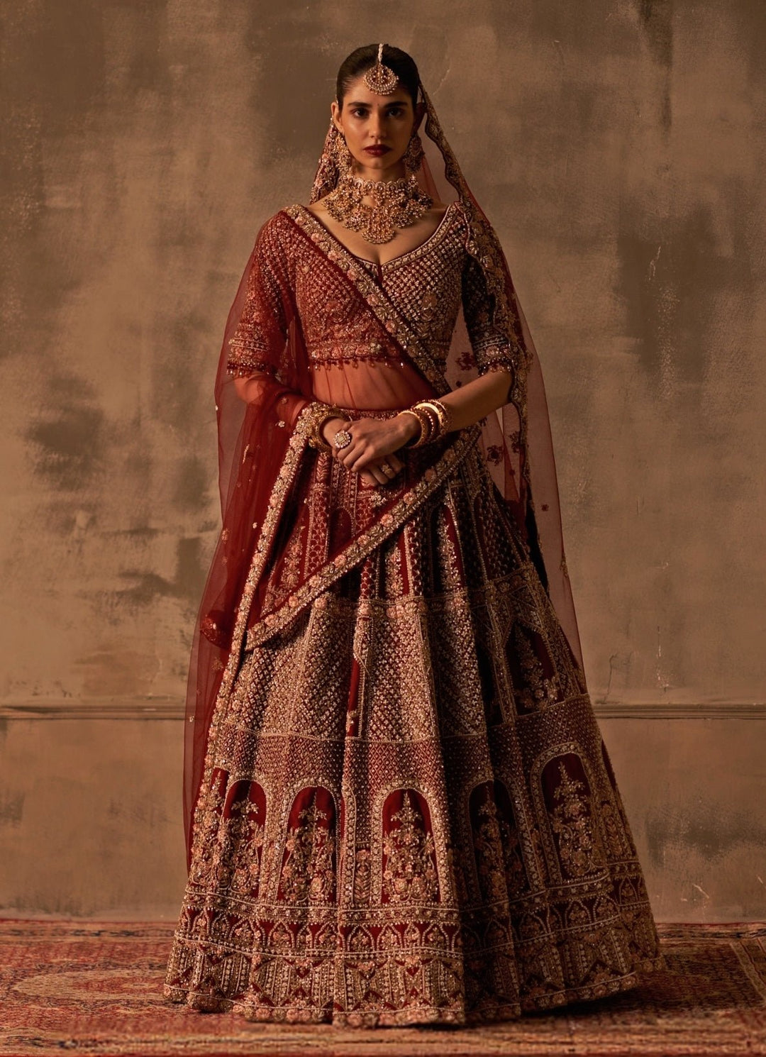 Angad Singh Maroon Red Embroidered Raw Silk Double Dupatta Lehenga SetFabilicious Fashion