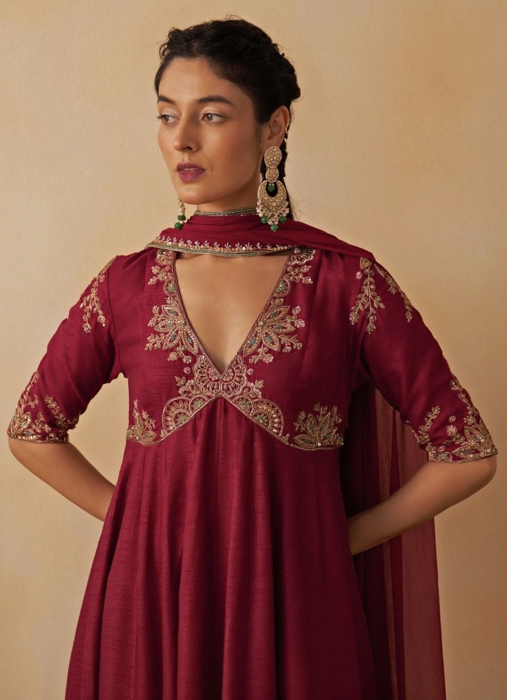 Maroon Red Embroidered Silk Anarkali Set Prevasu - Fabilicious Fashion