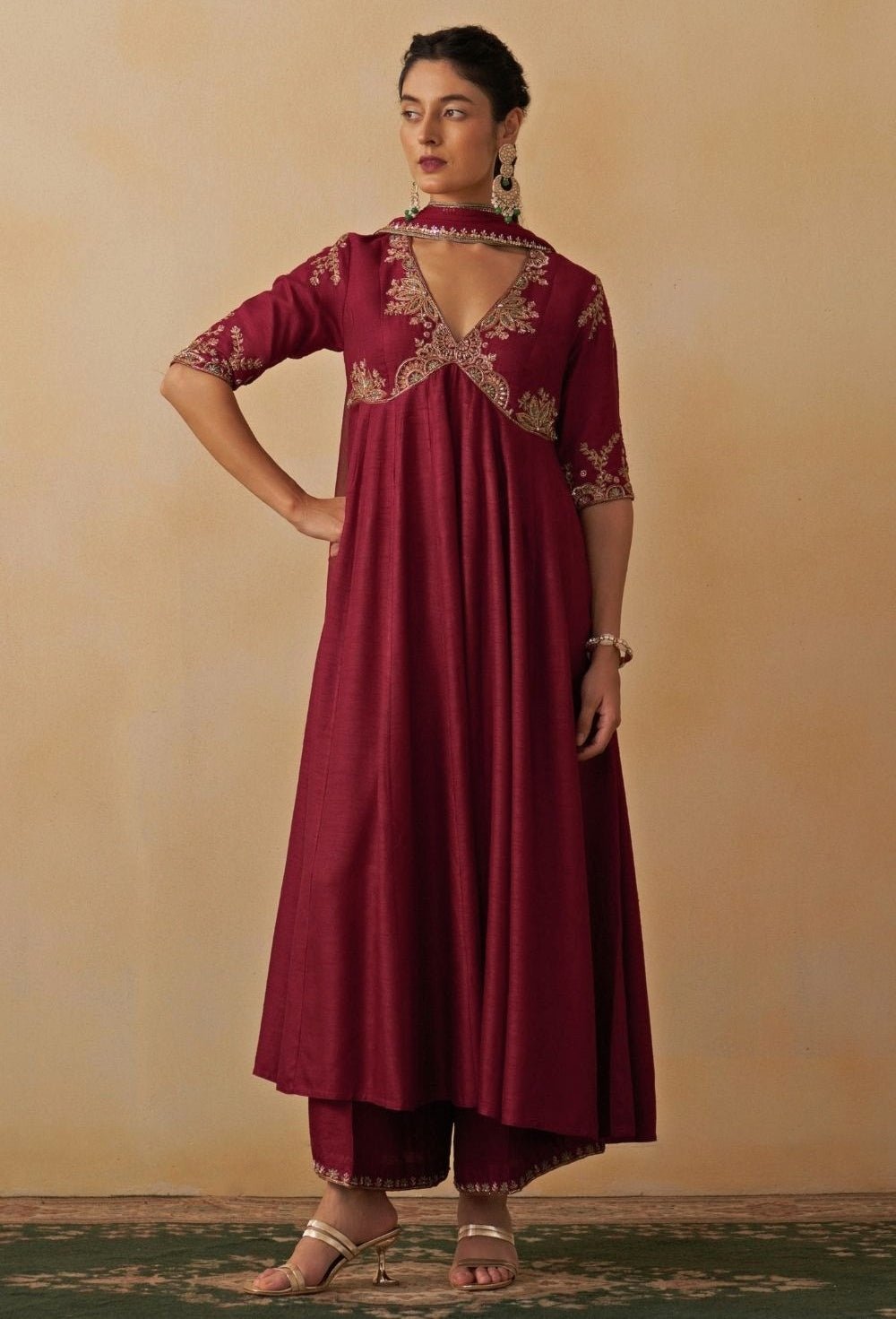 Maroon Red Embroidered Silk Anarkali Set Prevasu - Fabilicious Fashion