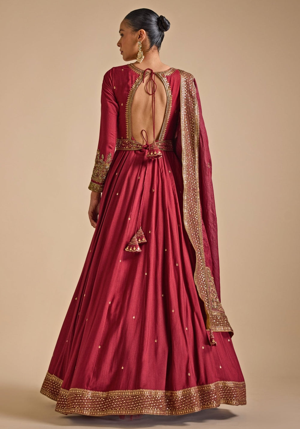 Maroon Red Embroidered Tussar Anarkali set Prevasu - Fabilicious Fashion