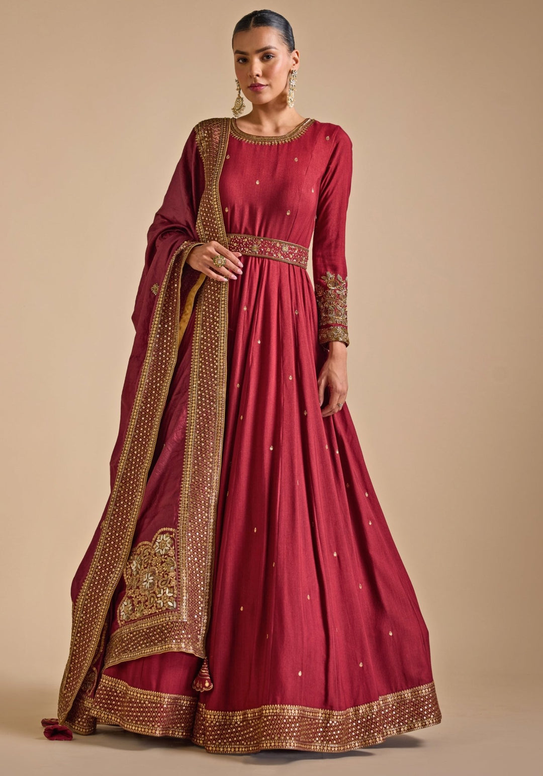 Maroon Red Embroidered Tussar Anarkali set Prevasu - Fabilicious Fashion