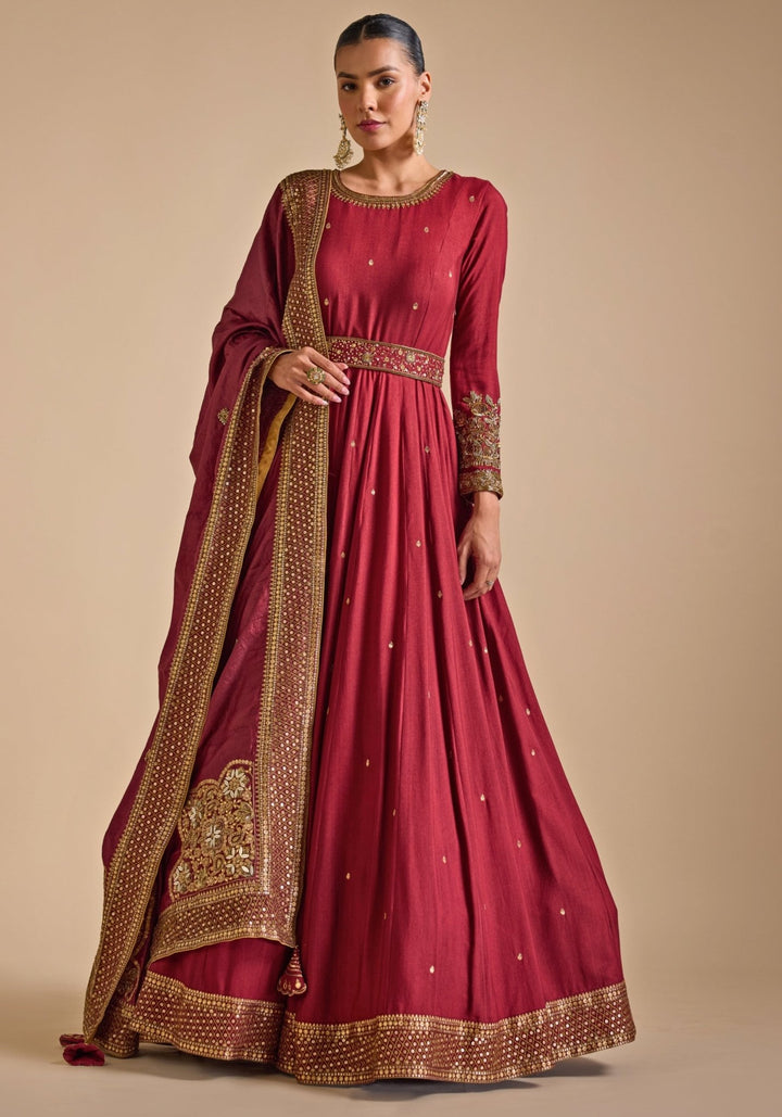 Maroon Red Embroidered Tussar Anarkali set Prevasu - Fabilicious Fashion