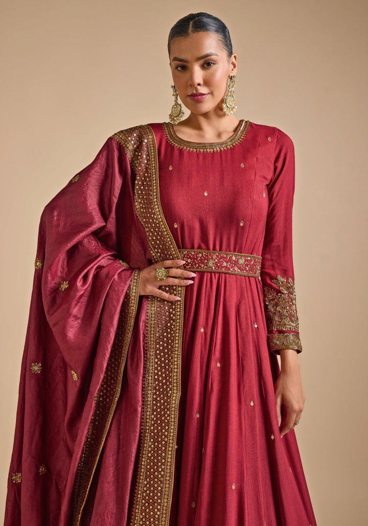 Maroon Red Embroidered Tussar Anarkali set Prevasu - Fabilicious Fashion