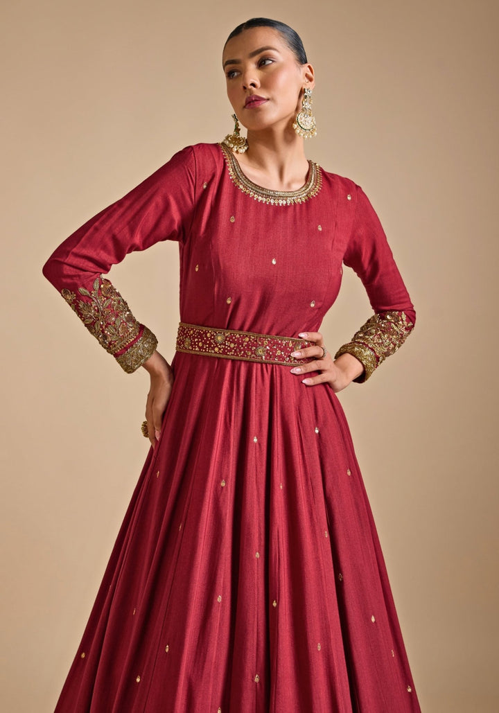 Maroon Red Embroidered Tussar Anarkali set Prevasu - Fabilicious Fashion