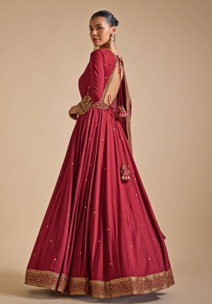 Maroon Red Embroidered Tussar Anarkali set Prevasu - Fabilicious Fashion