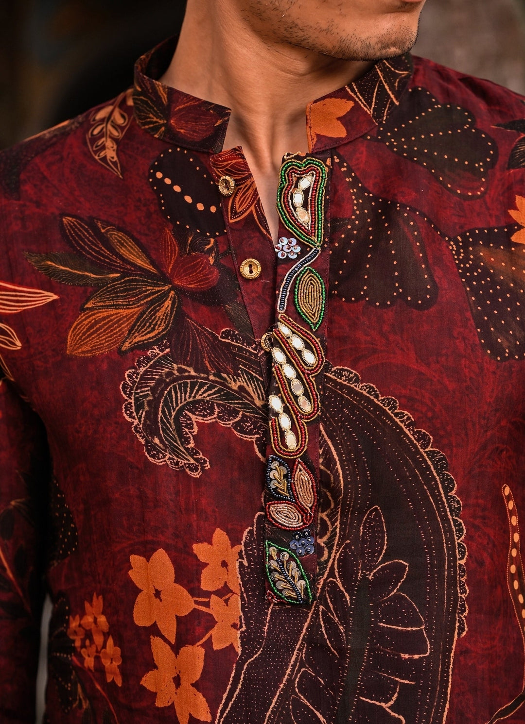 Juhi Bengani - Men Maroon Red Floral Organza Kurta Pants SetFabilicious Fashion
