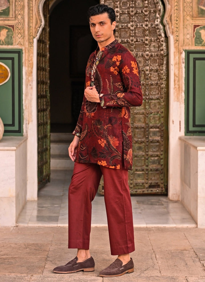 Juhi Bengani - Men Maroon Red Floral Organza Kurta Pants SetFabilicious Fashion