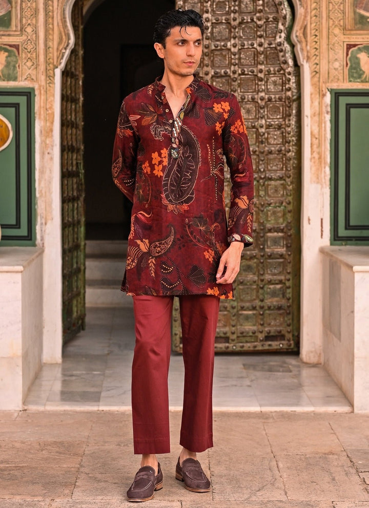 Juhi Bengani - Men Maroon Red Floral Organza Kurta Pants SetFabilicious Fashion