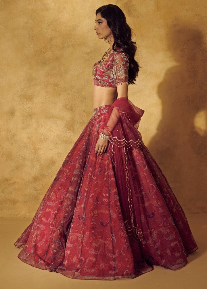 Rashika Sharma Maroon Red Floral Printed Organza Lehenga SetFabilicious Fashion