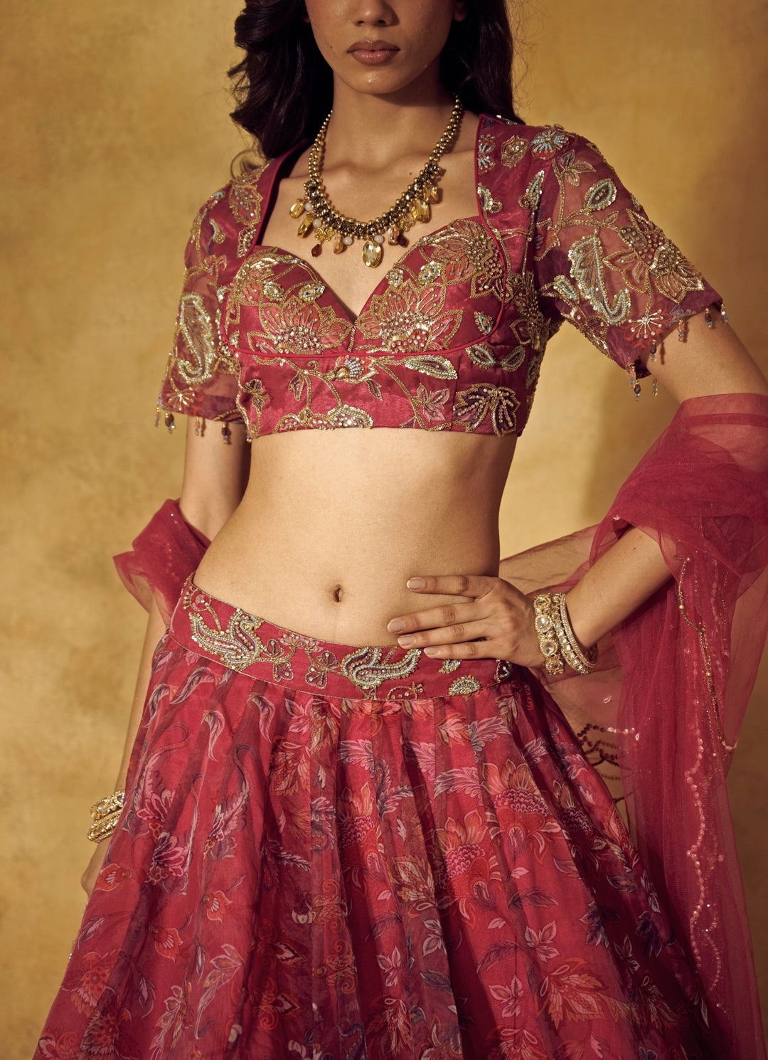 Rashika Sharma Maroon Red Floral Printed Organza Lehenga SetFabilicious Fashion