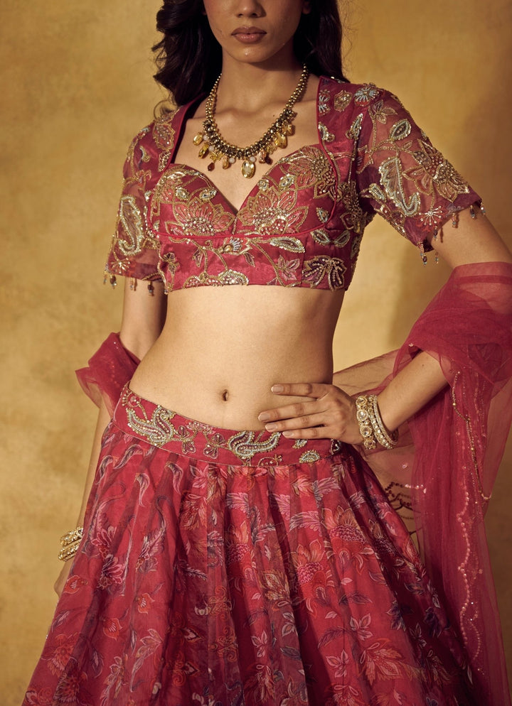 Rashika Sharma Maroon Red Floral Printed Organza Lehenga SetFabilicious Fashion