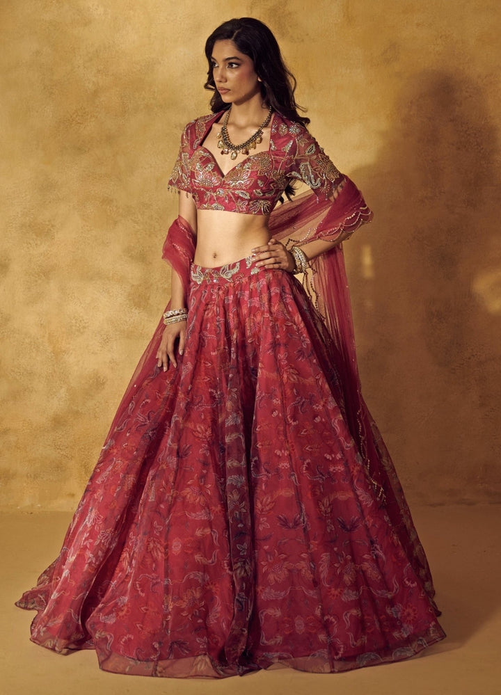 Rashika Sharma Maroon Red Floral Printed Organza Lehenga SetFabilicious Fashion