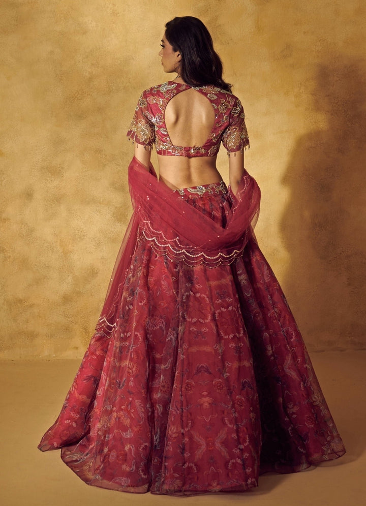 Rashika Sharma Maroon Red Floral Printed Organza Lehenga SetFabilicious Fashion