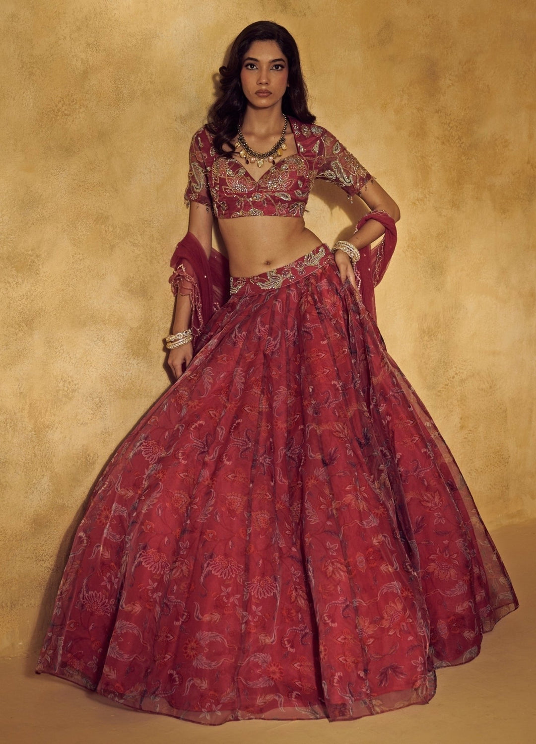Rashika Sharma Maroon Red Floral Printed Organza Lehenga SetFabilicious Fashion